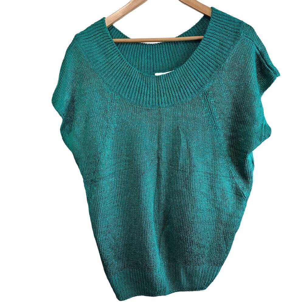 Vintage 80s Prediction Sweater Womens 2X Teal Silk Knit Short Sleeve Scoop Neck